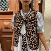 Leopard Waistcoat y2k Clothes Round Neck Sleeveless Tie Up Cardigan Tops 2000s Aesthetic Clothing Streetwear